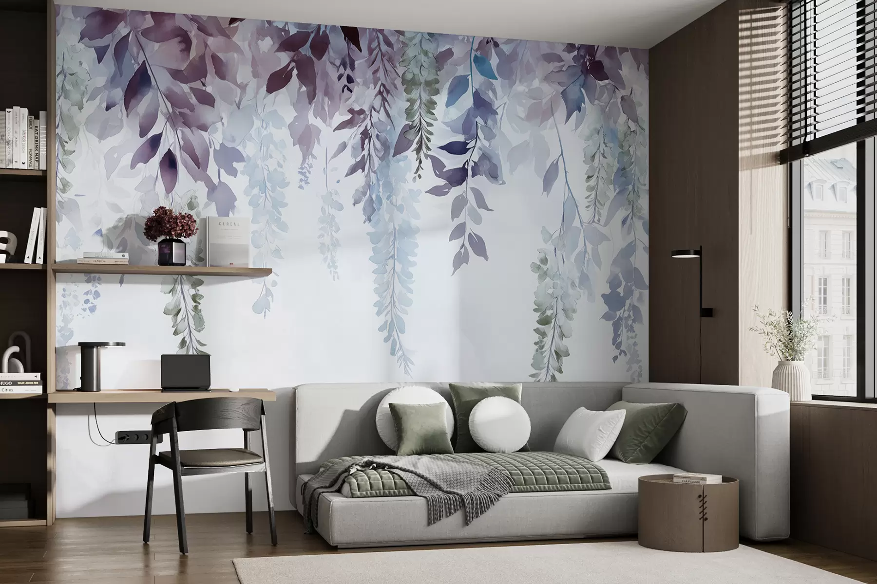 Fototapet Blåregn blomma prydnad, blommig, akvarell, blå och lila färger w01545v1