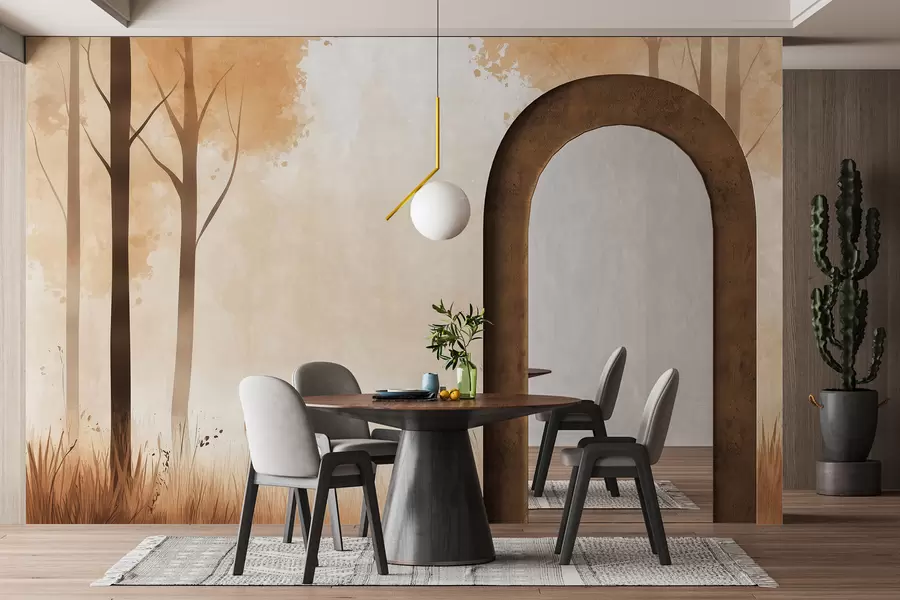 Fototapet Akvarell skog, dimma, träd, gräs, naturlandskap, beige färg w01563