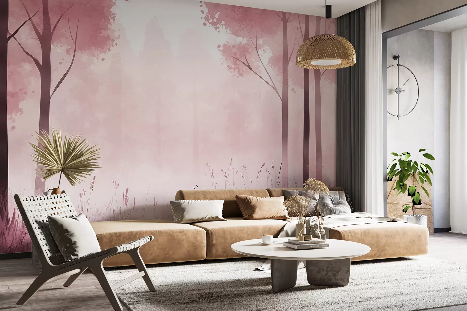 Fototapet Akvarell skog, dimma, träd, gräs, naturlandskap, rosa färg w01563v1