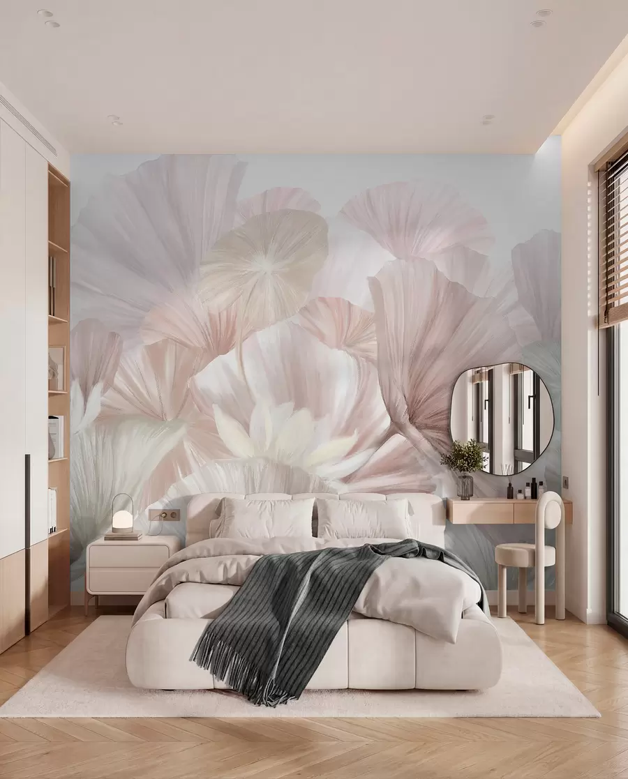 Fototapet Delikat rosa lotusblad med vita blommor med mjuka, fjäderliknande kronblad arrangerade i en naturlig konstkomposition w08265v1
