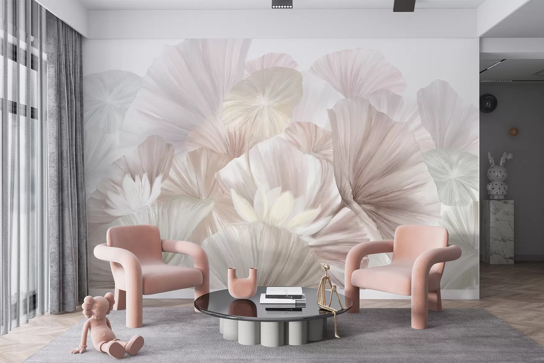 Fototapet Delikat rosa lotusblad med vita blommor med mjuka, fjäderliknande kronblad arrangerade i en naturlig konstkomposition w08265v1