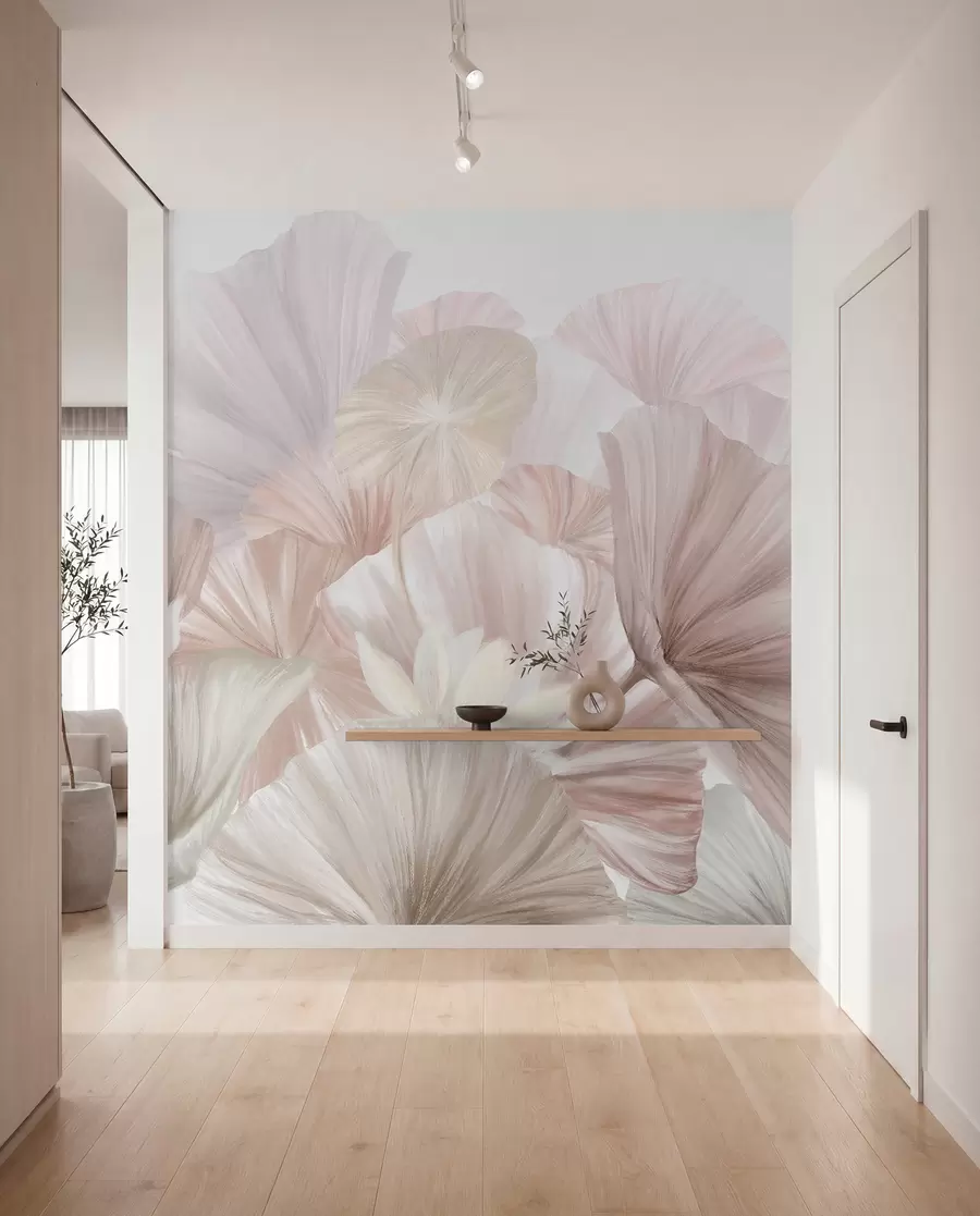 Fototapet Delikat rosa lotusblad med vita blommor med mjuka, fjäderliknande kronblad arrangerade i en naturlig konstkomposition w08265v1