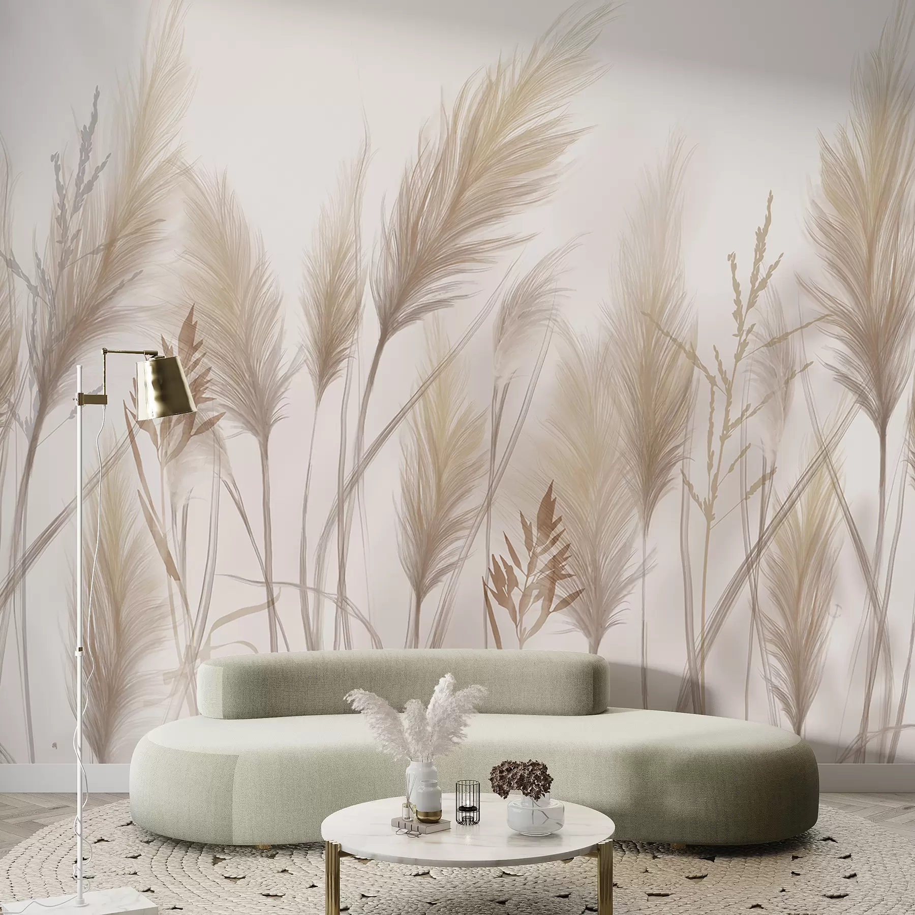 Fototapet Höga beige grässtrån med spikelets som vajar i vinden mot en mjuk, ljus bakgrund w08268