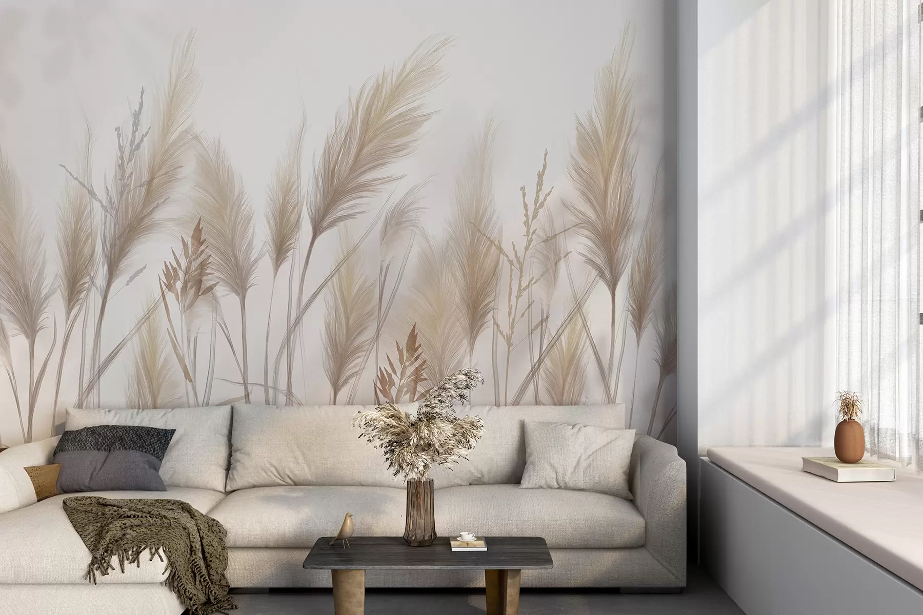 Fototapet Höga beige grässtrån med spikelets som vajar i vinden mot en mjuk, ljus bakgrund w08268