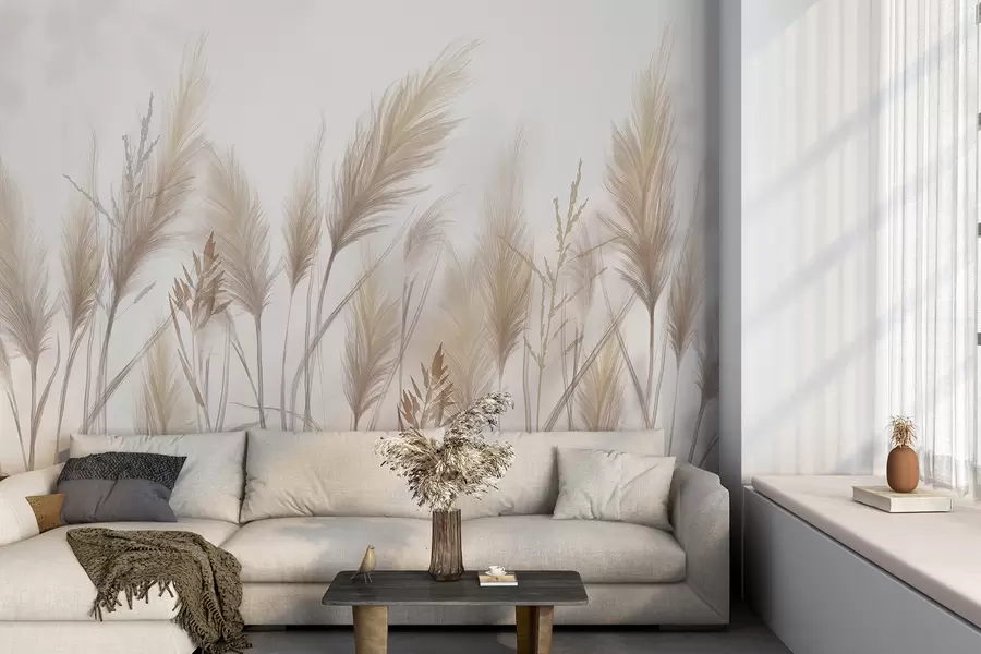 Fototapet Höga beige grässtrån med spikelets som vajar i vinden mot en mjuk, ljus bakgrund w08268