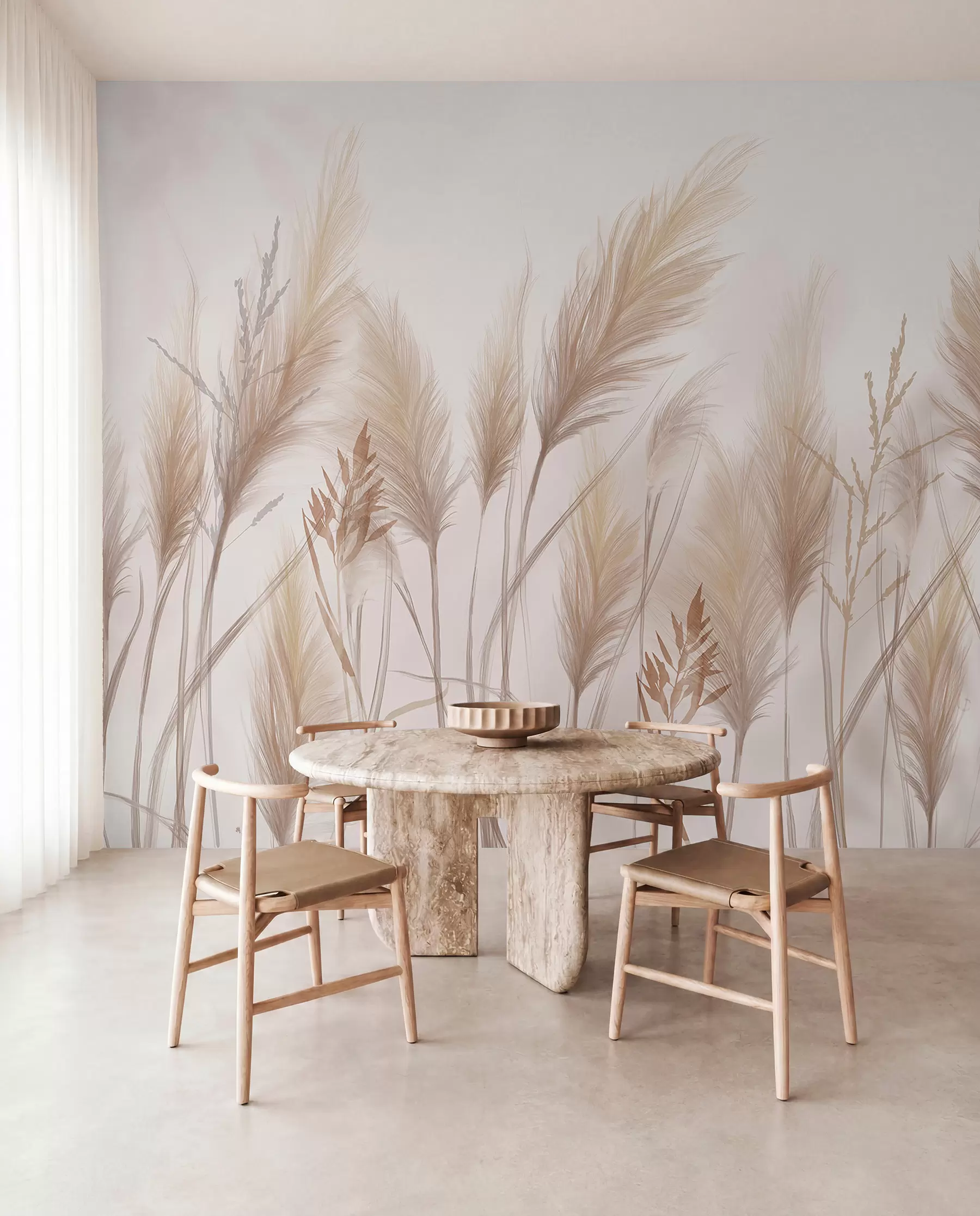 Fototapet Höga beige grässtrån med spikelets som vajar i vinden mot en mjuk, ljus bakgrund w08268
