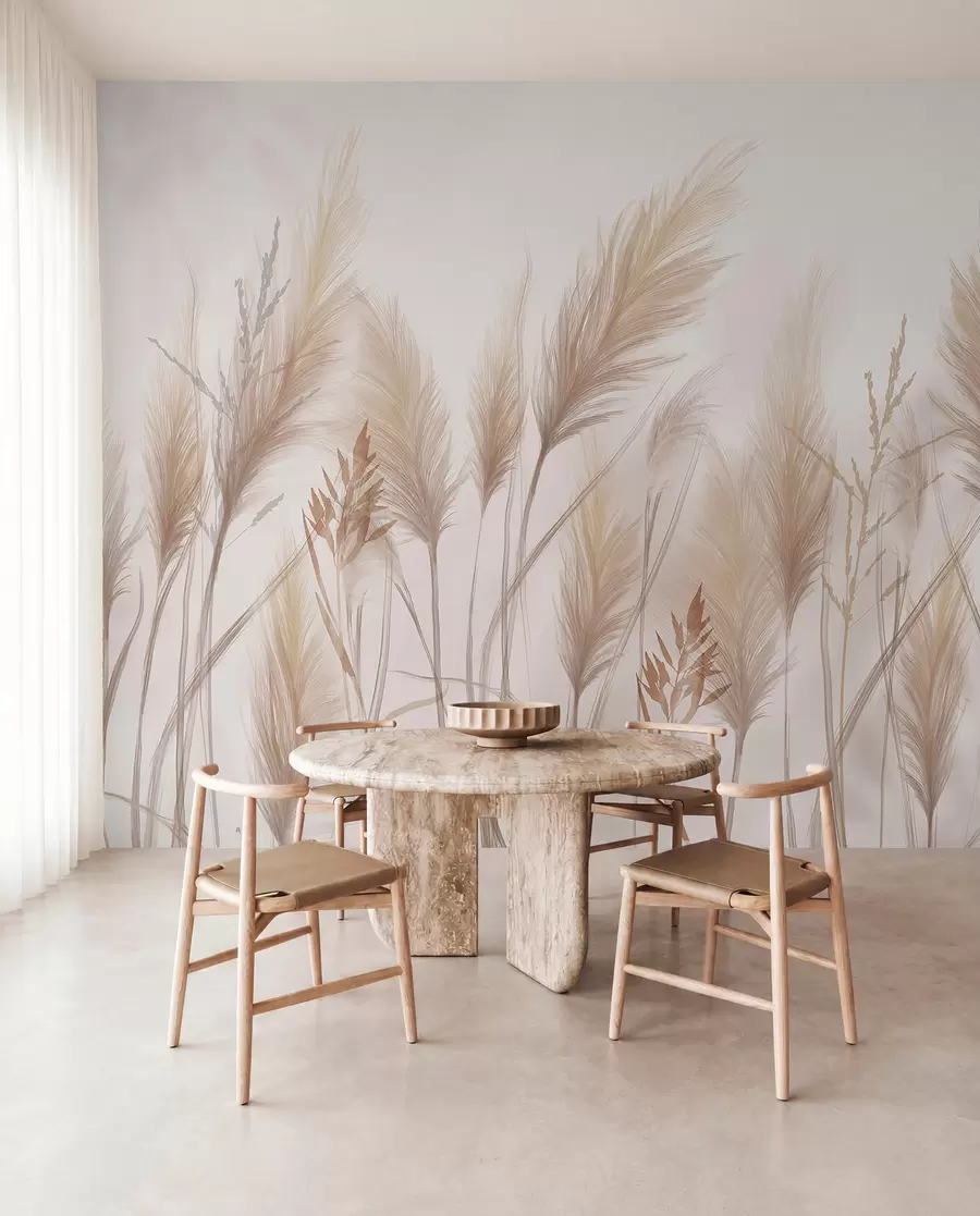 Fototapet Höga beige grässtrån med spikelets som vajar i vinden mot en mjuk, ljus bakgrund w08268