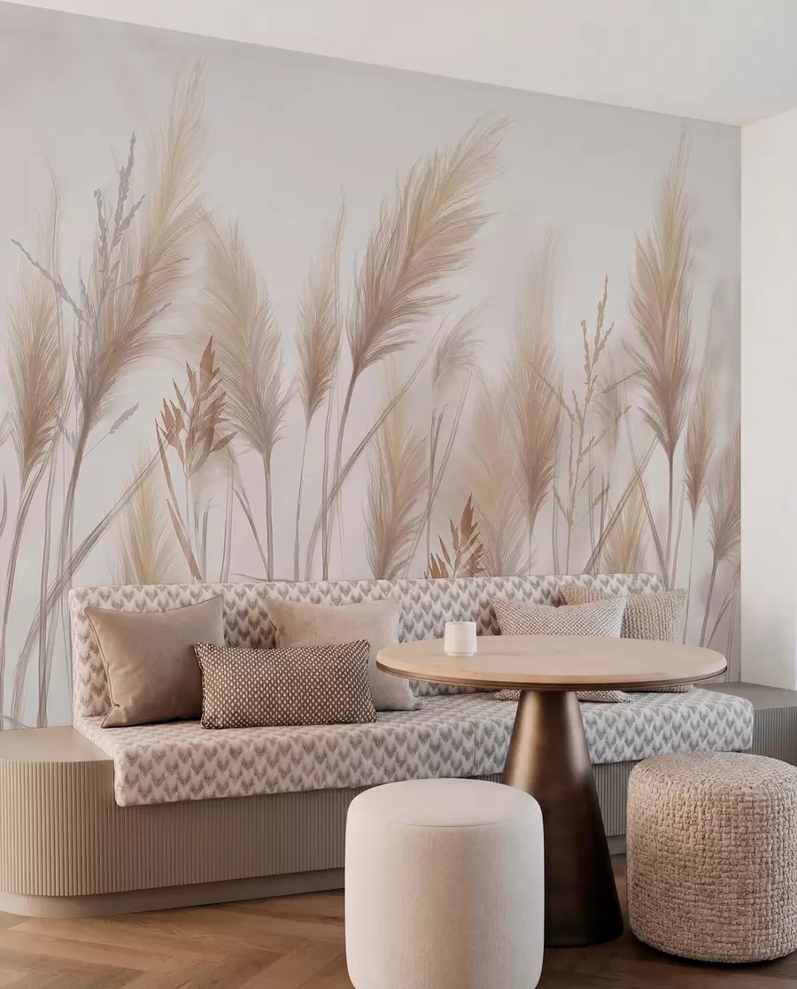 Fototapet Höga beige grässtrån med spikelets som vajar i vinden mot en mjuk, ljus bakgrund w08268