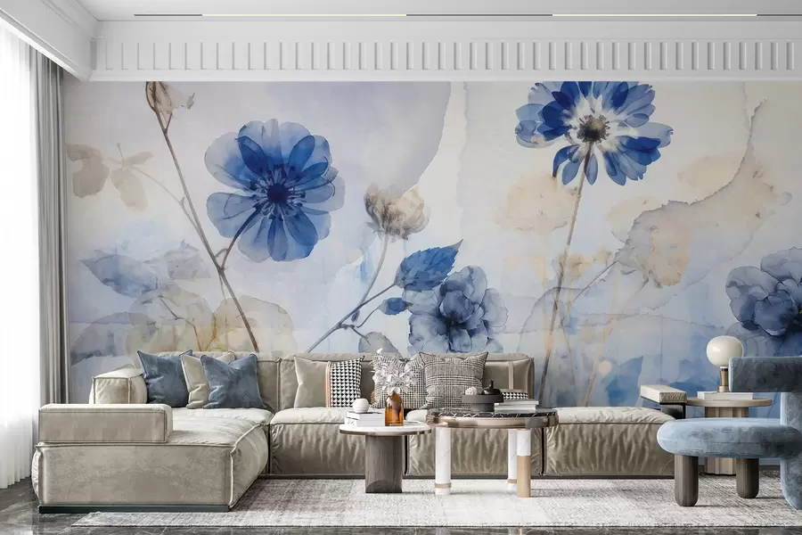 Fototapet Transparenta blommor i blå och vit akvarellfärg på ett fält, med mjuk, suddig abstrakt bakgrund w08270