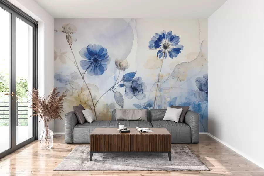 Fototapet Transparenta blommor i blå och vit akvarellfärg på ett fält, med mjuk, suddig abstrakt bakgrund w08270