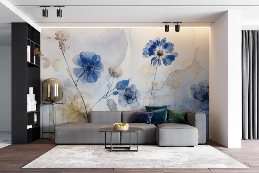 Fototapet Transparenta blommor i blå och vit akvarellfärg på ett fält, med mjuk, suddig abstrakt bakgrund w08270