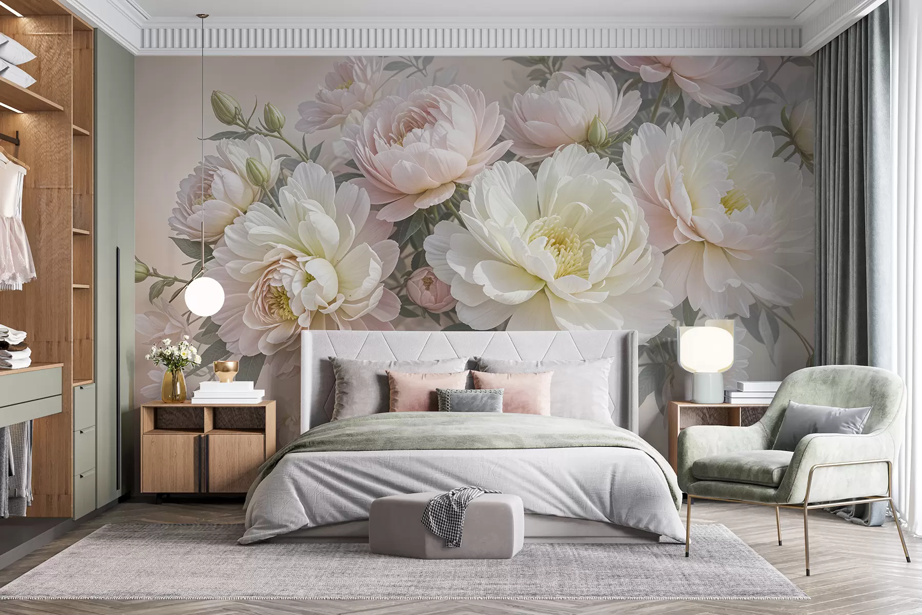 Fototapet En bukett med frodiga, pastellfärgade pioner och andra blommor mot en mjuk, suddig bakgrund  w08276