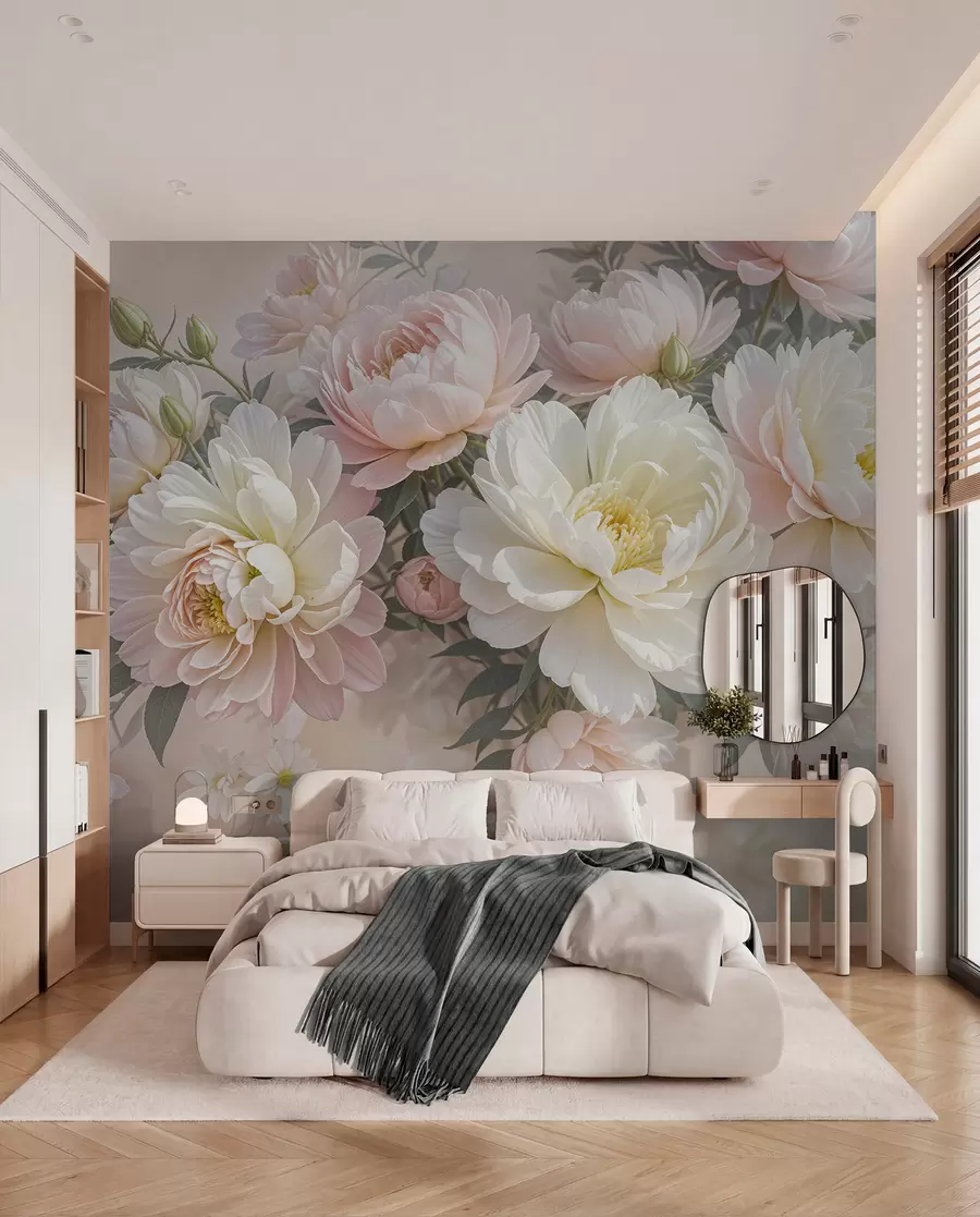 Fototapet En bukett med frodiga, pastellfärgade pioner och andra blommor mot en mjuk, suddig bakgrund  w08276