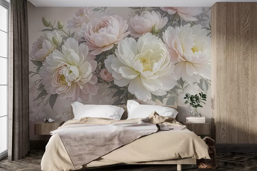 Fototapet En bukett med frodiga, pastellfärgade pioner och andra blommor mot en mjuk, suddig bakgrund  w08276