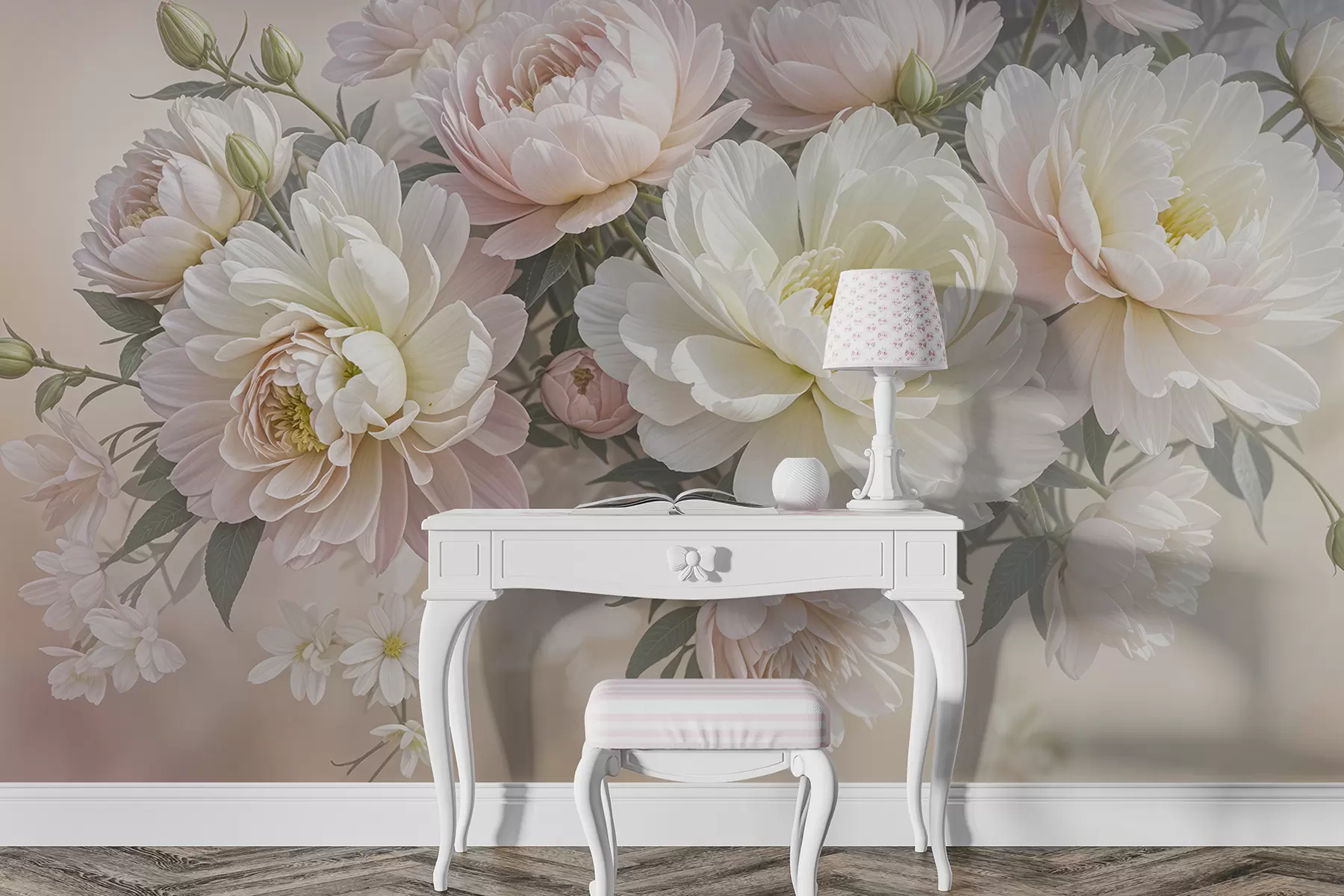 Fototapet En bukett med frodiga, pastellfärgade pioner och andra blommor mot en mjuk, suddig bakgrund  w08276