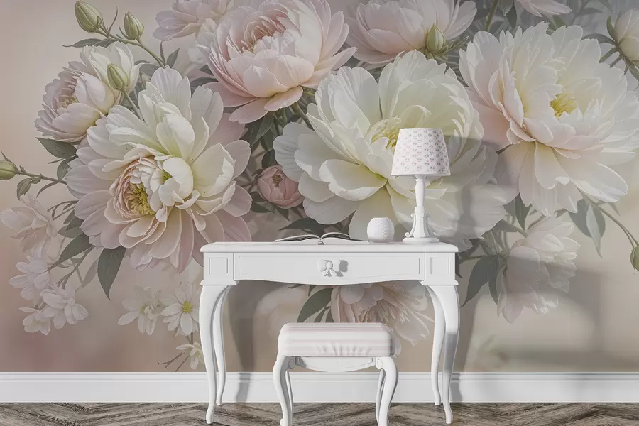 Fototapet En bukett med frodiga, pastellfärgade pioner och andra blommor mot en mjuk, suddig bakgrund  w08276