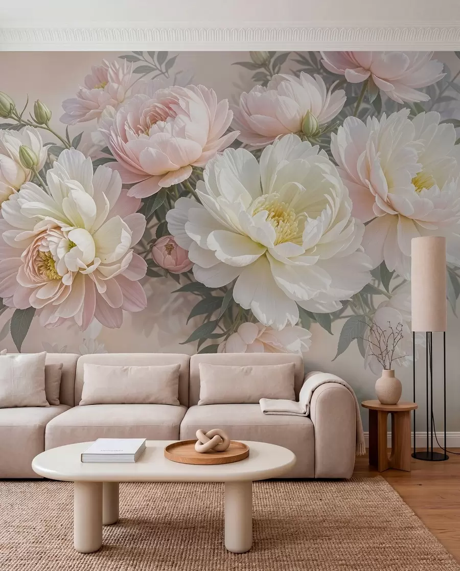 Fototapet En bukett med frodiga, pastellfärgade pioner och andra blommor mot en mjuk, suddig bakgrund  w08276