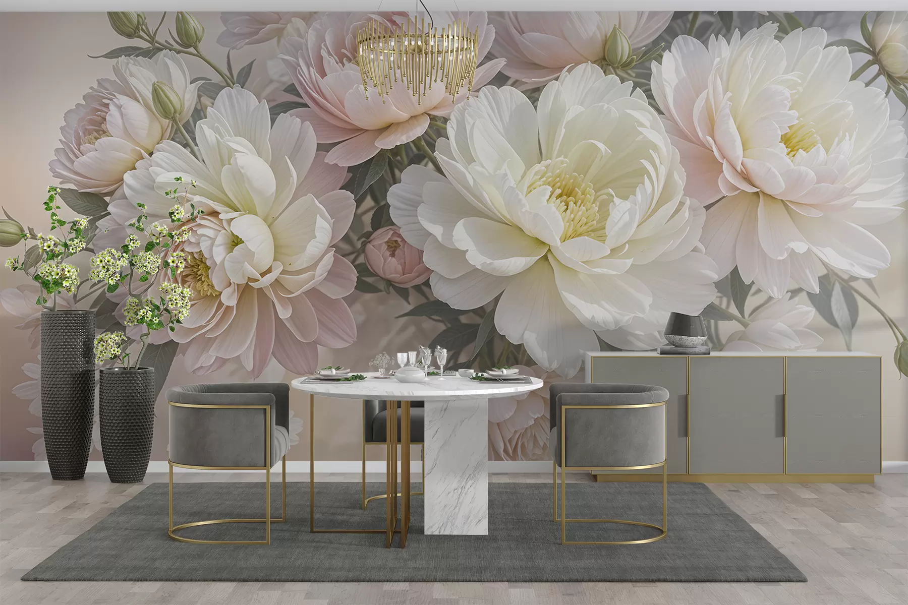 Fototapet En bukett med frodiga, pastellfärgade pioner och andra blommor mot en mjuk, suddig bakgrund  w08276