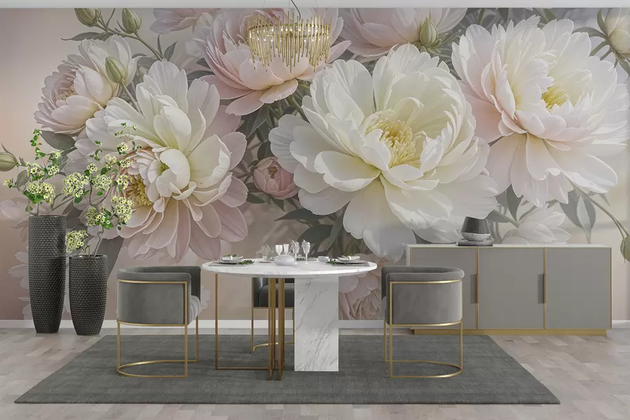 Fototapet En bukett med frodiga, pastellfärgade pioner och andra blommor mot en mjuk, suddig bakgrund  w08276