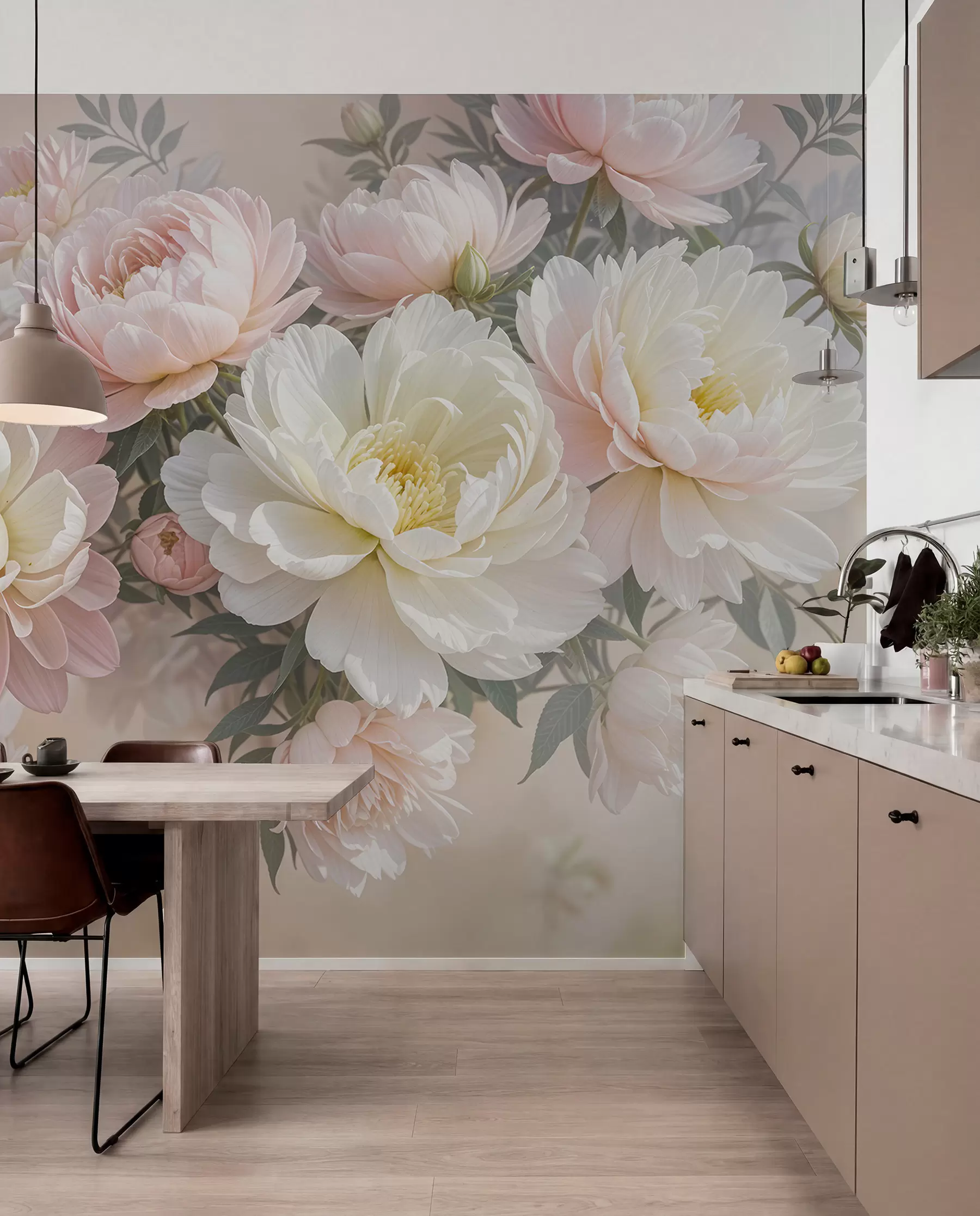 Fototapet En bukett med frodiga, pastellfärgade pioner och andra blommor mot en mjuk, suddig bakgrund  w08276