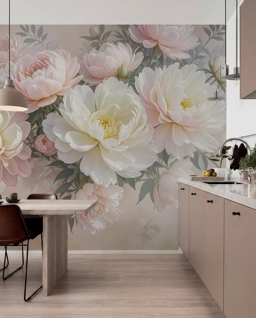 Fototapet En bukett med frodiga, pastellfärgade pioner och andra blommor mot en mjuk, suddig bakgrund  w08276
