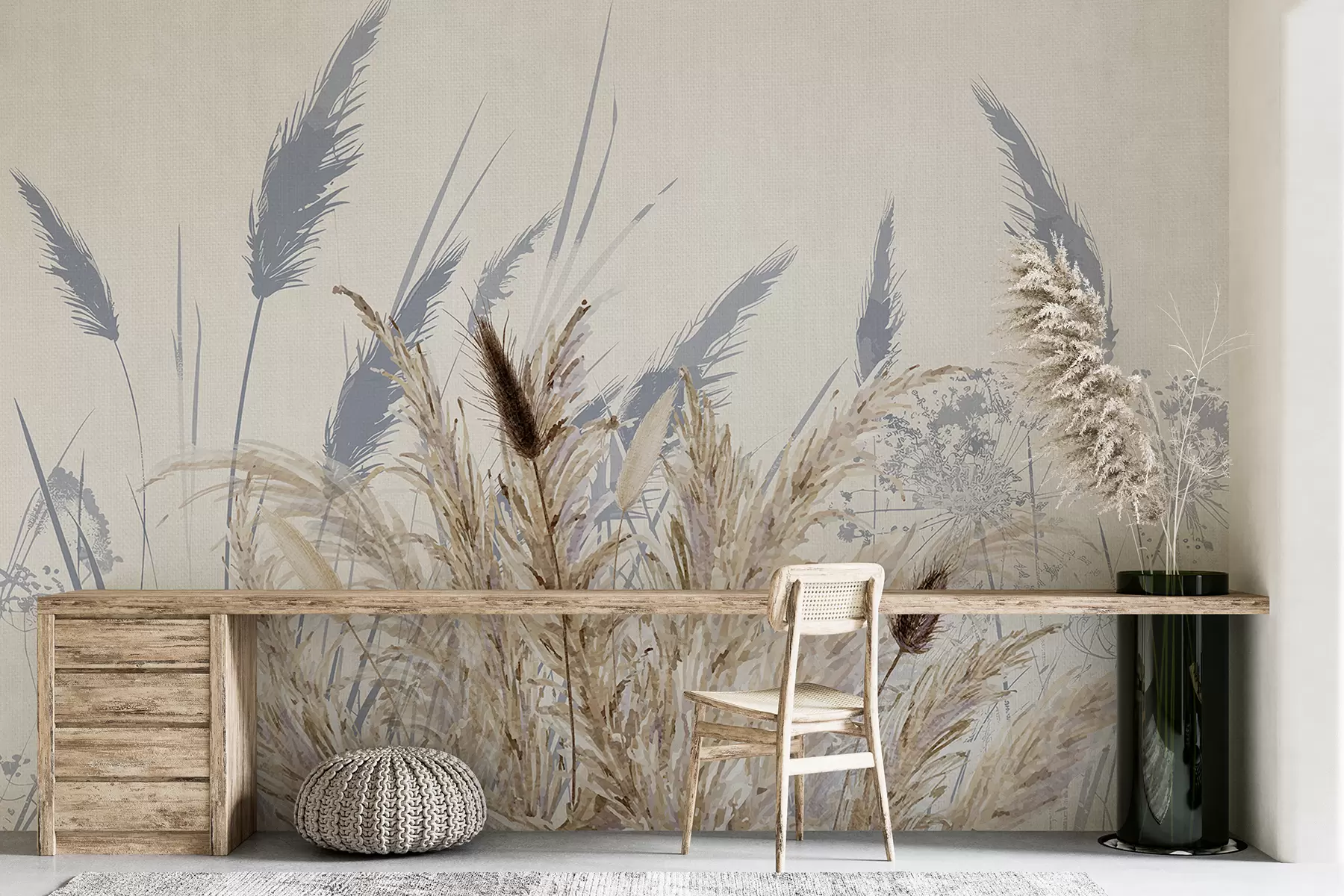 Fototapet Höga stjälkar av vete och gräs med fluffiga vita plymer mot en ljus bakgrund w08282