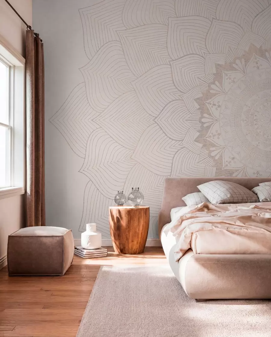 Fototapet Rund mandala, tapet för yoga utrymme eller för att harmonisera personligt utrymme. Väggmandala i varma pastellfärger på en texturerad oregelbunden bakgrund w01088