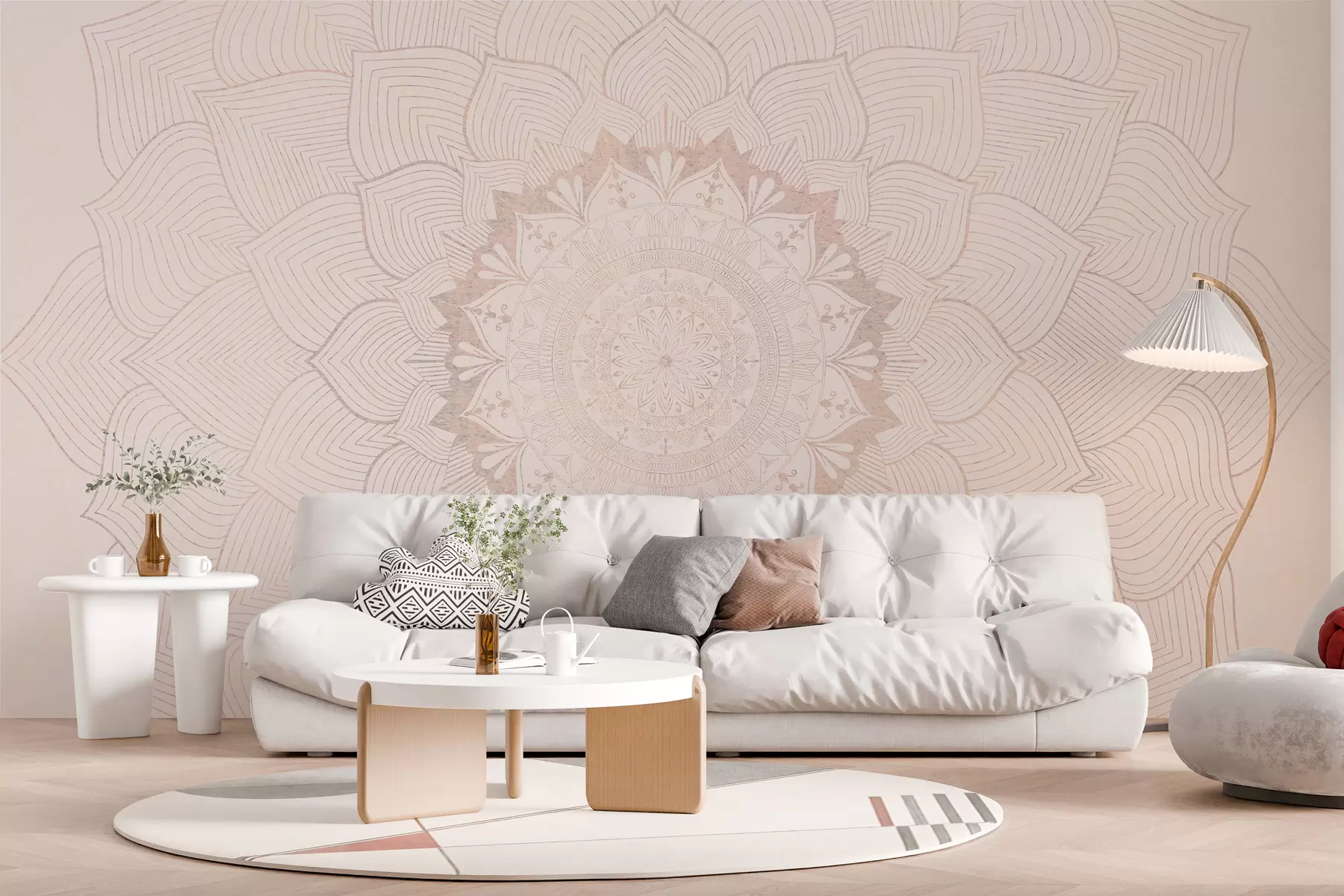 Fototapet Rund mandala, tapet för yoga utrymme eller för att harmonisera personligt utrymme. Väggmandala i varma pastellfärger på en texturerad oregelbunden bakgrund w01088