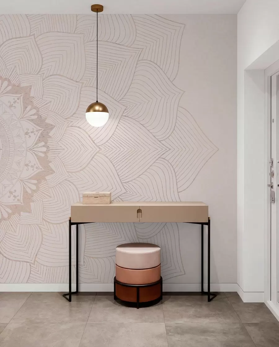 Fototapet Rund mandala, tapet för yoga utrymme eller för att harmonisera personligt utrymme. Väggmandala i varma pastellfärger på en texturerad oregelbunden bakgrund w01088