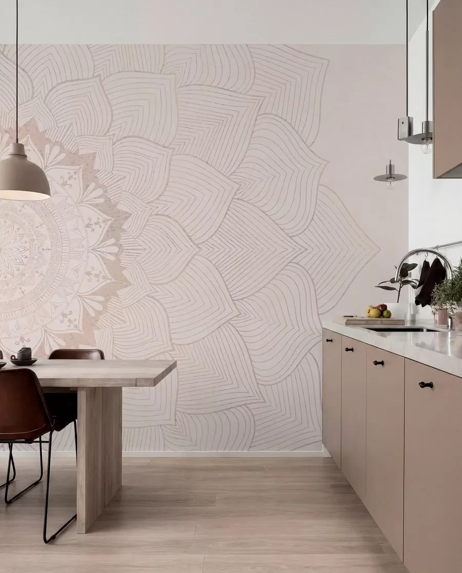 Fototapet Rund mandala, tapet för yoga utrymme eller för att harmonisera personligt utrymme. Väggmandala i varma pastellfärger på en texturerad oregelbunden bakgrund w01088