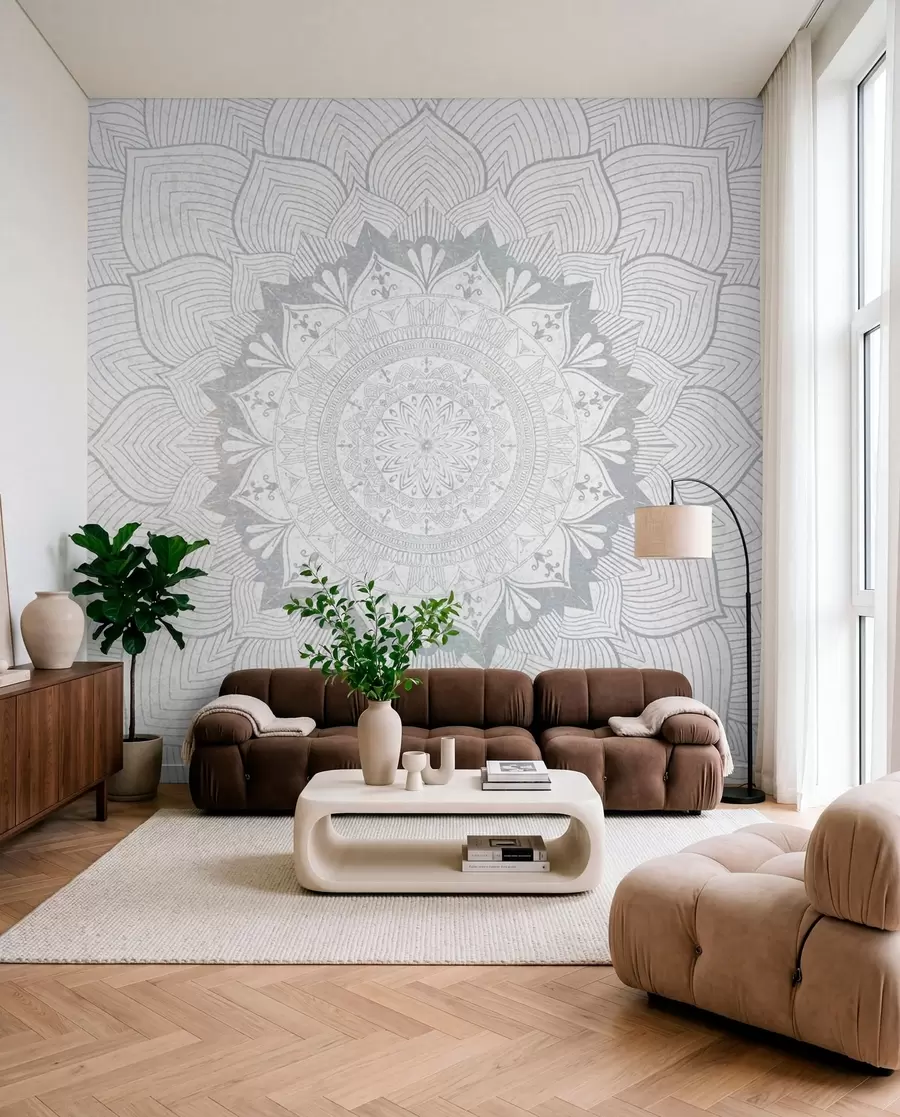Fototapet Rund mandala, tapet för yogautrymme eller för att harmonisera personligt utrymme. Väggmandala i grå nyanser på en texturerad heterogen bakgrund w01088v2