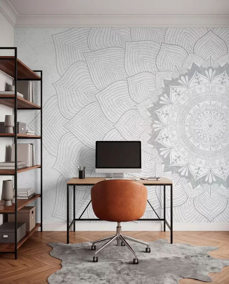 Fototapet Rund mandala, tapet för yogautrymme eller för att harmonisera personligt utrymme. Väggmandala i grå nyanser på en texturerad heterogen bakgrund w01088v2