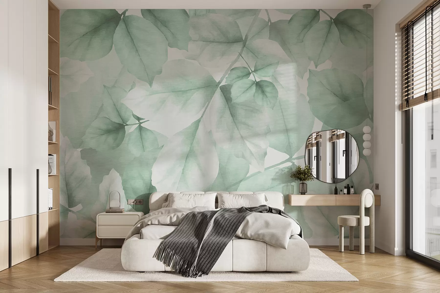 Fototapet Strukturerad tapet med stora blad i pastellfärger av grönt w01090v3
