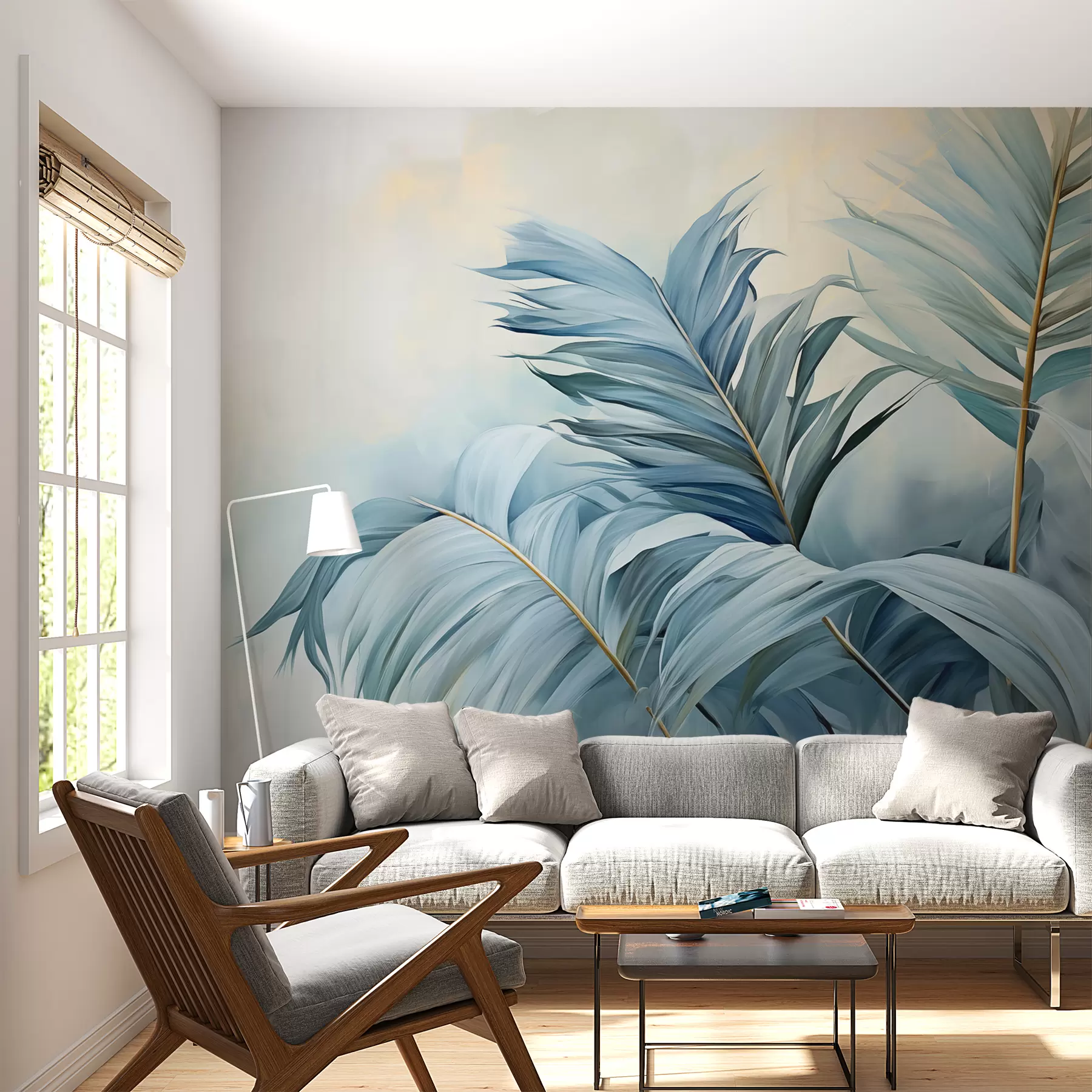Fototapet Blå palmblad mot dimma w01618