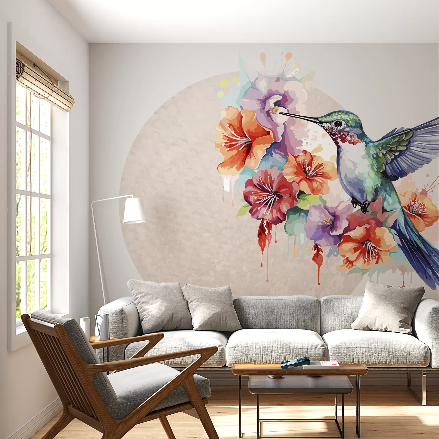 Fototapet Kolibri,blommor,cirkel,beige w01528