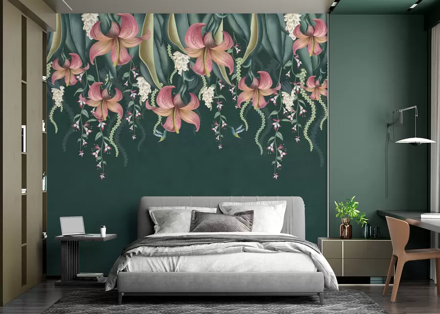 Fototapet Fint botaniskt motiv med hängande liljor, blommor och kolibrier på en grön grungevägg w01523v3
