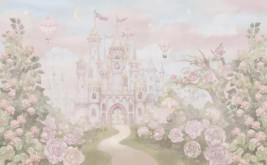 Fototapet Magiskt slott med stora blommor och träd w01524