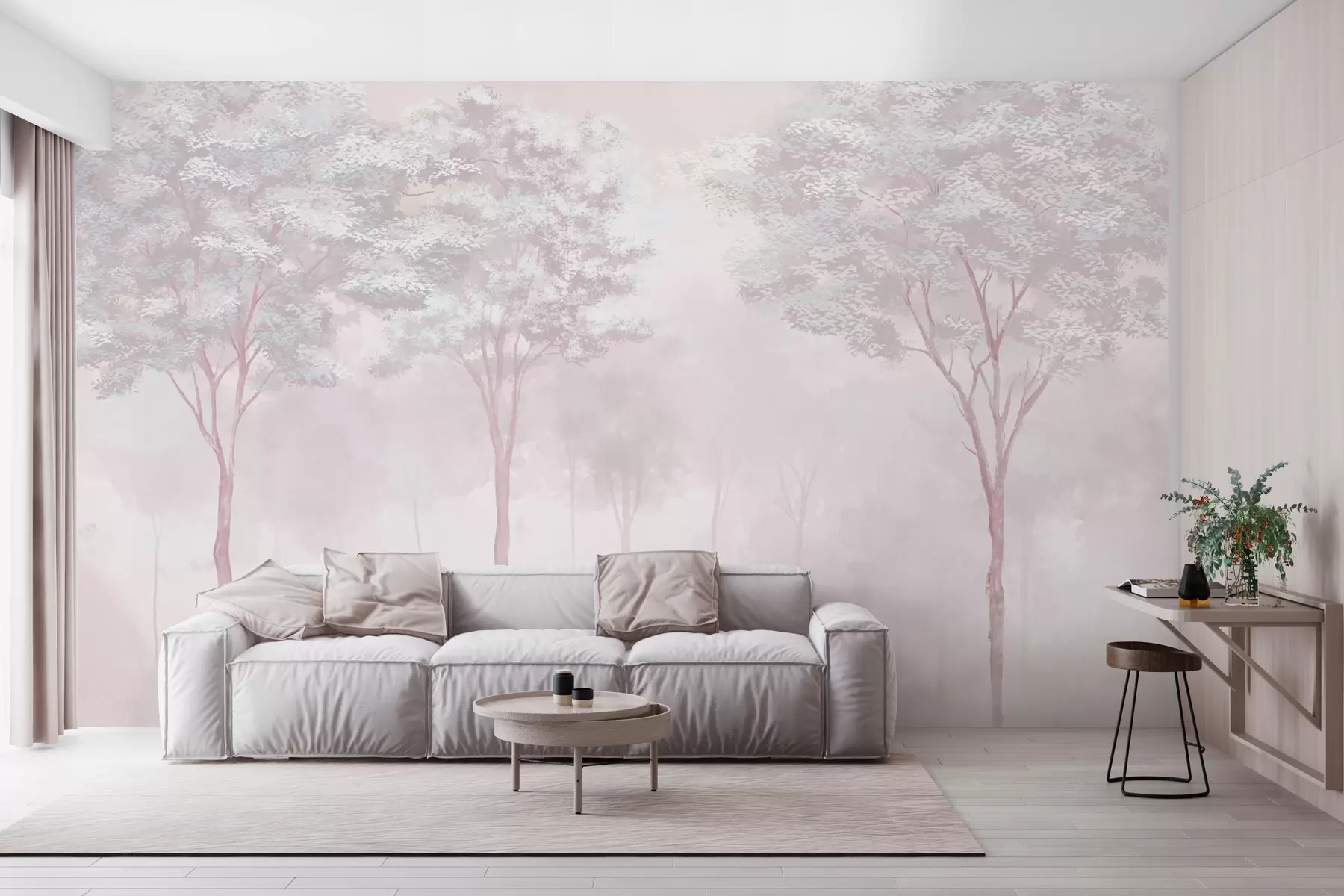 Fototapet Dimmig skogssilhuett i mjuk rosa färg w01599v1