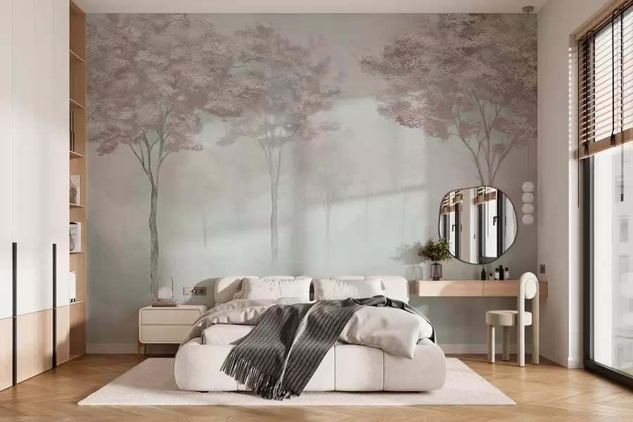 Fototapet Dimmig skogssilhuett i rosa och grå färger w01599v4
