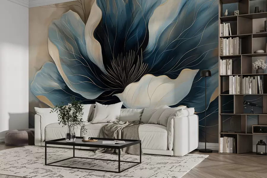Fototapet Stor elegant blomma med djupt flytande mörkblå och vita kronblad w01538