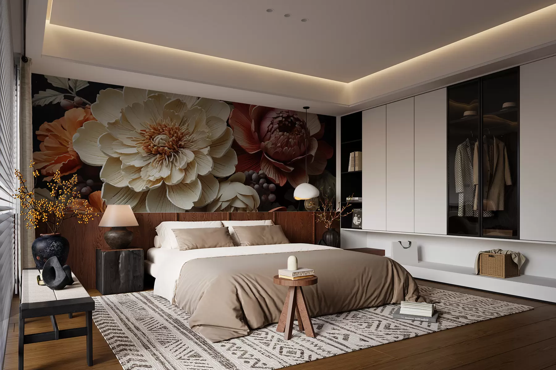 Fototapet Stora blommor,pioner,mörk bakgrund,ljusa blommor w01662