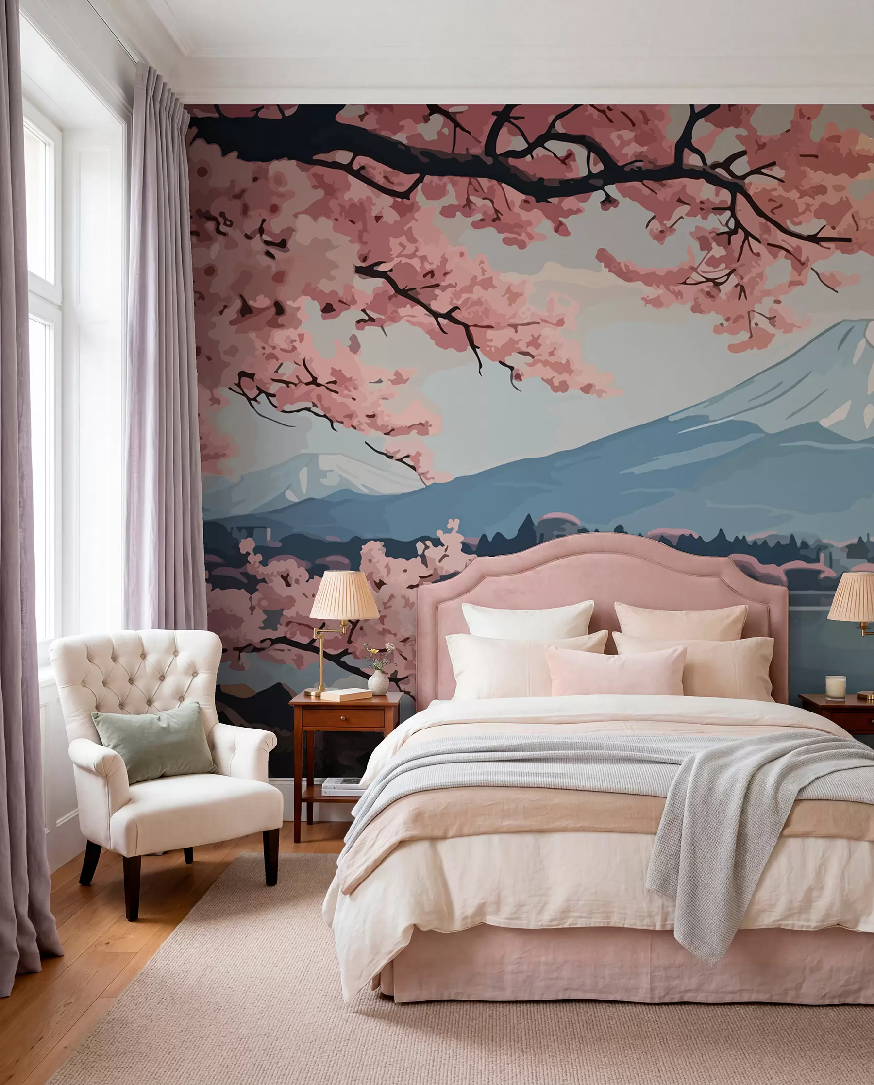 Fototapet Sakura, berg, akvarell w01664