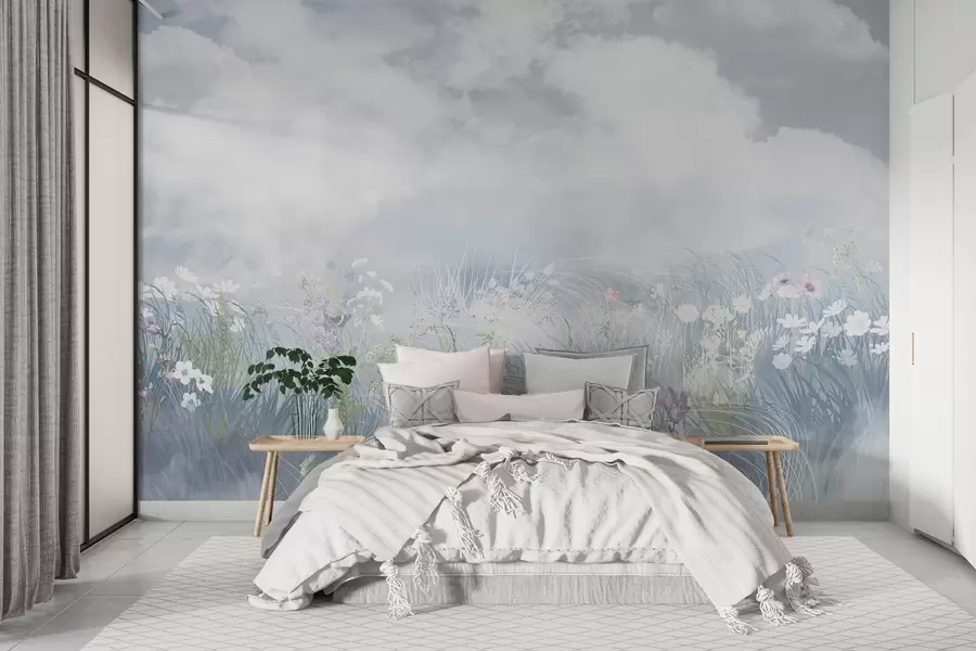 Fototapet Vildblommor och gräs med balkanhimmel och moln w01624