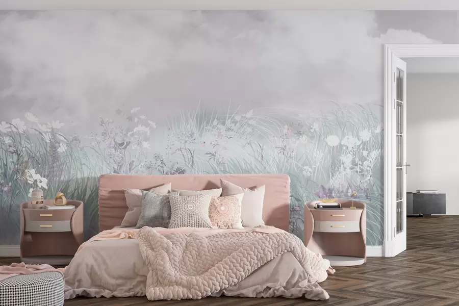 Fototapet Vildblommor och gräs med rosa himmel och moln w01624v1