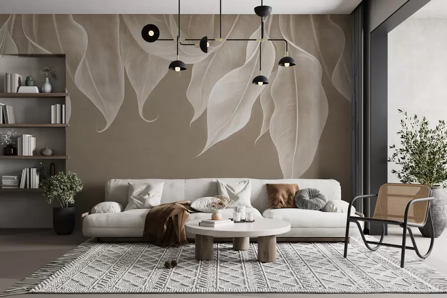 Fototapet hängande stora blad i beige färg w01680