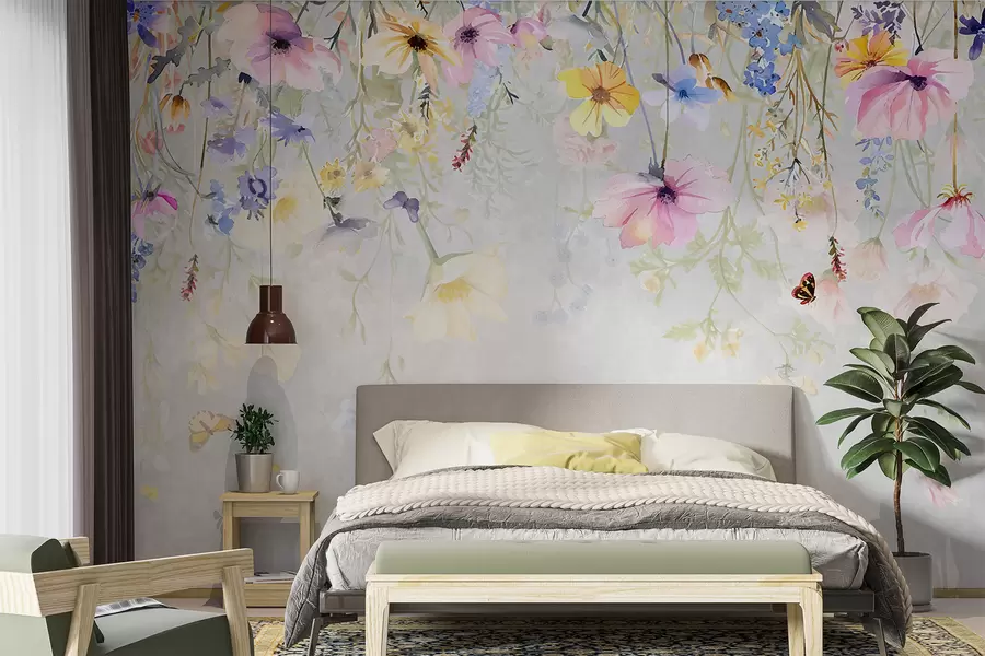 Fototapet Färgglada blommor med rosa, gula och blå blommor som hänger från toppen på en grå bakgrund med textur w08309
