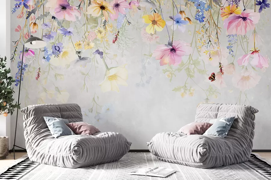 Fototapet Färgglada blommor med rosa, gula och blå blommor som hänger från toppen på en grå bakgrund med textur w08309