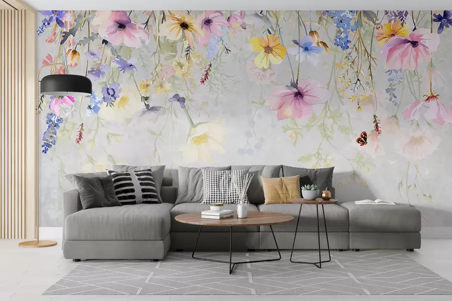 Fototapet Färgglada blommor med rosa, gula och blå blommor som hänger från toppen på en grå bakgrund med textur w08309