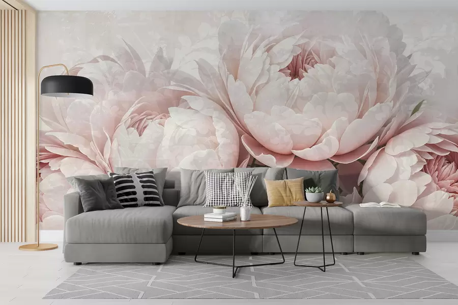 Fototapet Mjuka rosa pioner med skira kronblad mot en lätt texturerad vintagebakgrund w08312