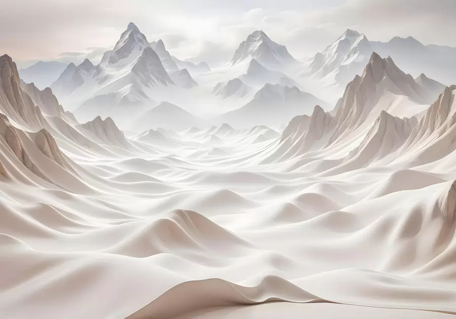 Fototapet Snöklädda bergstoppar som sticker upp ur ett dimmigt, eteriskt landskap med böljande kullar och dalar w08313